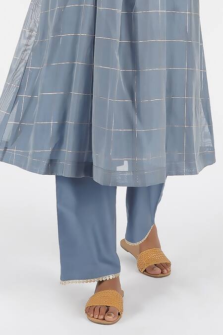 OMI Blue Chanderi Sequins Mandarin Collar Chequered Pattern Kurta And Pant Set Online at Aza Fashions OMI_Blue Chanderi Sequins Mandarin Collar Chequered Pattern Kurta And Pant Set_Online_at_Aza_Fashions